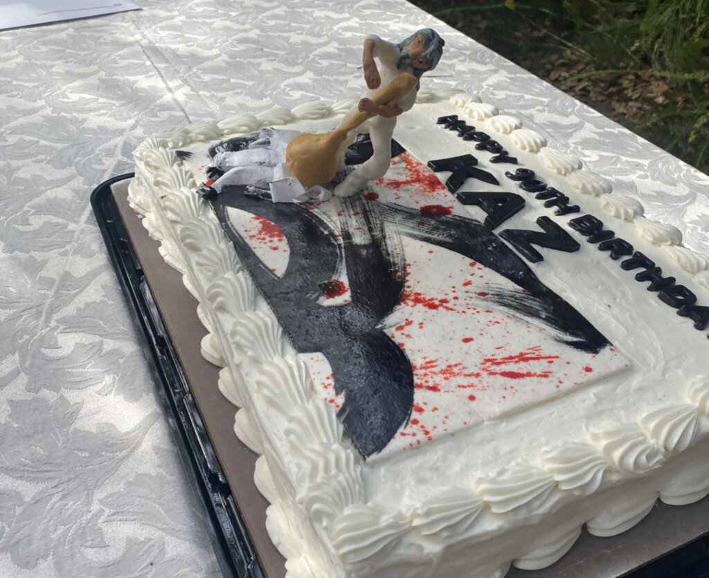 Kaz’s 90th Birthday Cake, with an image of him painting.