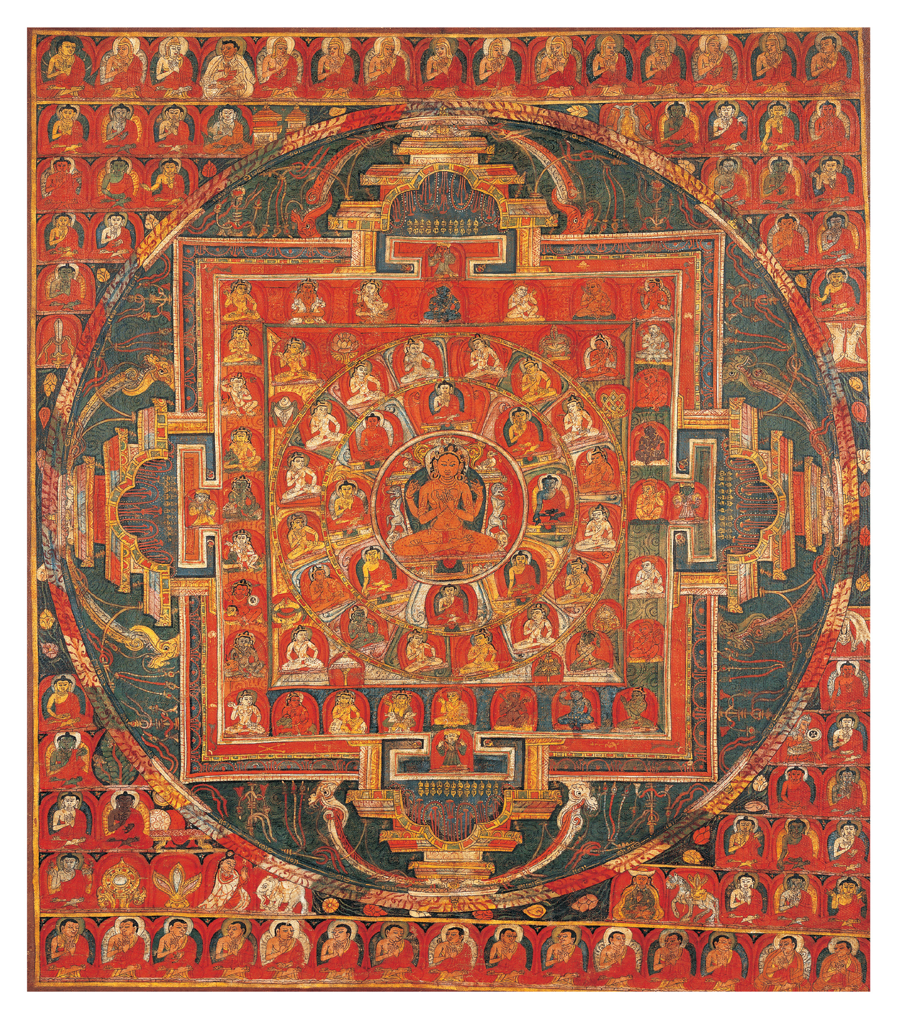 A detailed orange and red mandala with the goddess Prajnaparamita in the center surrounded by Buddhas.