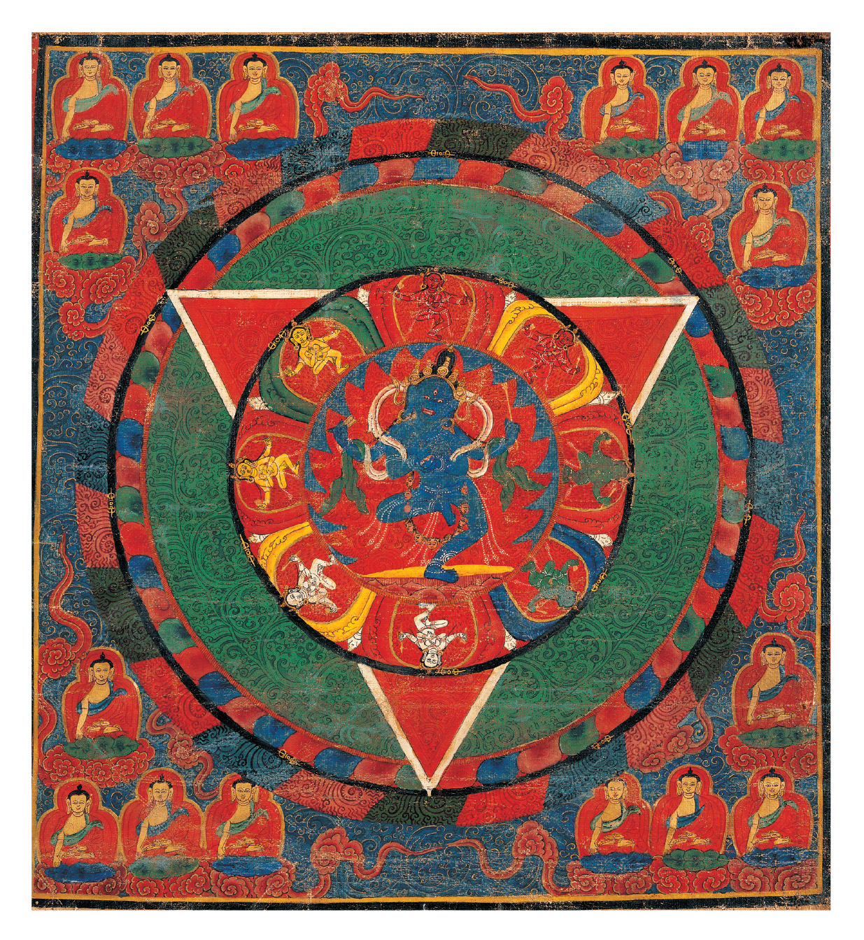 A richly colored mandala of buddhas, with Nairatmya in the center of a red inverted triangle.