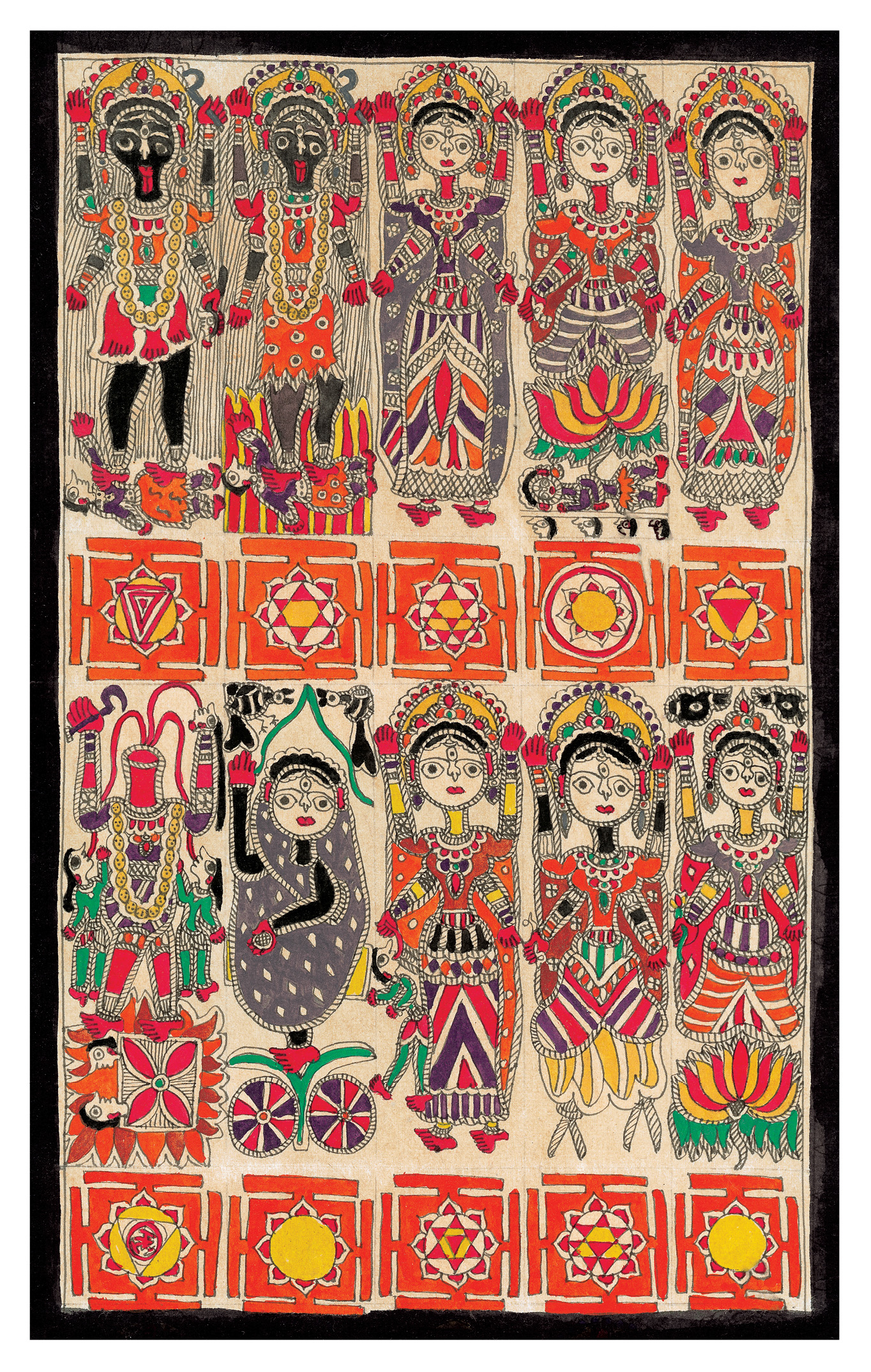 Rows of goddess figures, with intricate patterns and mandalas.