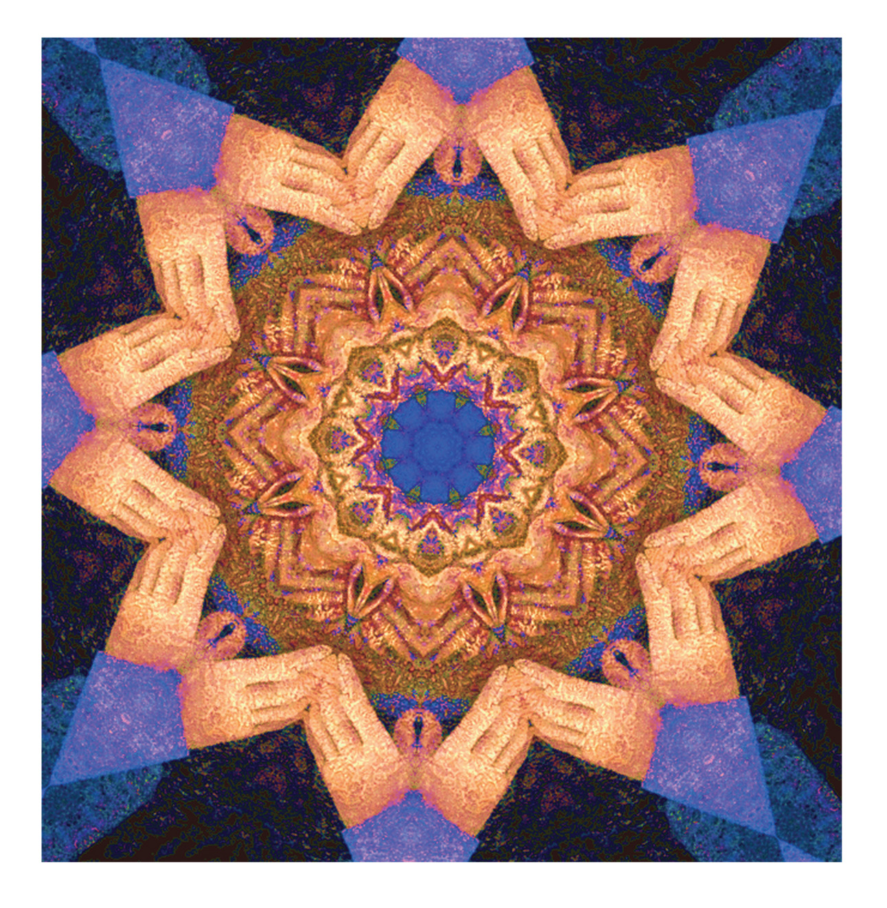 A mandala of hands around a circle of prismatic patterns.