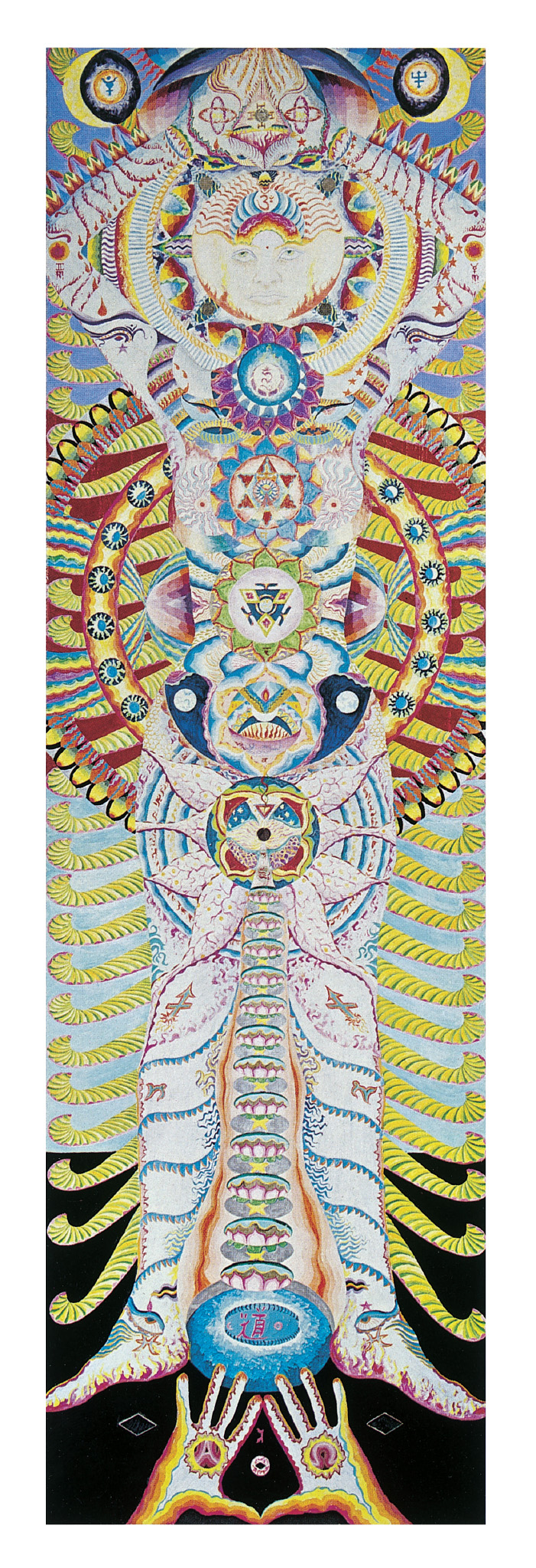 A brightly colored abstract painting of a human body with many mandalas.
