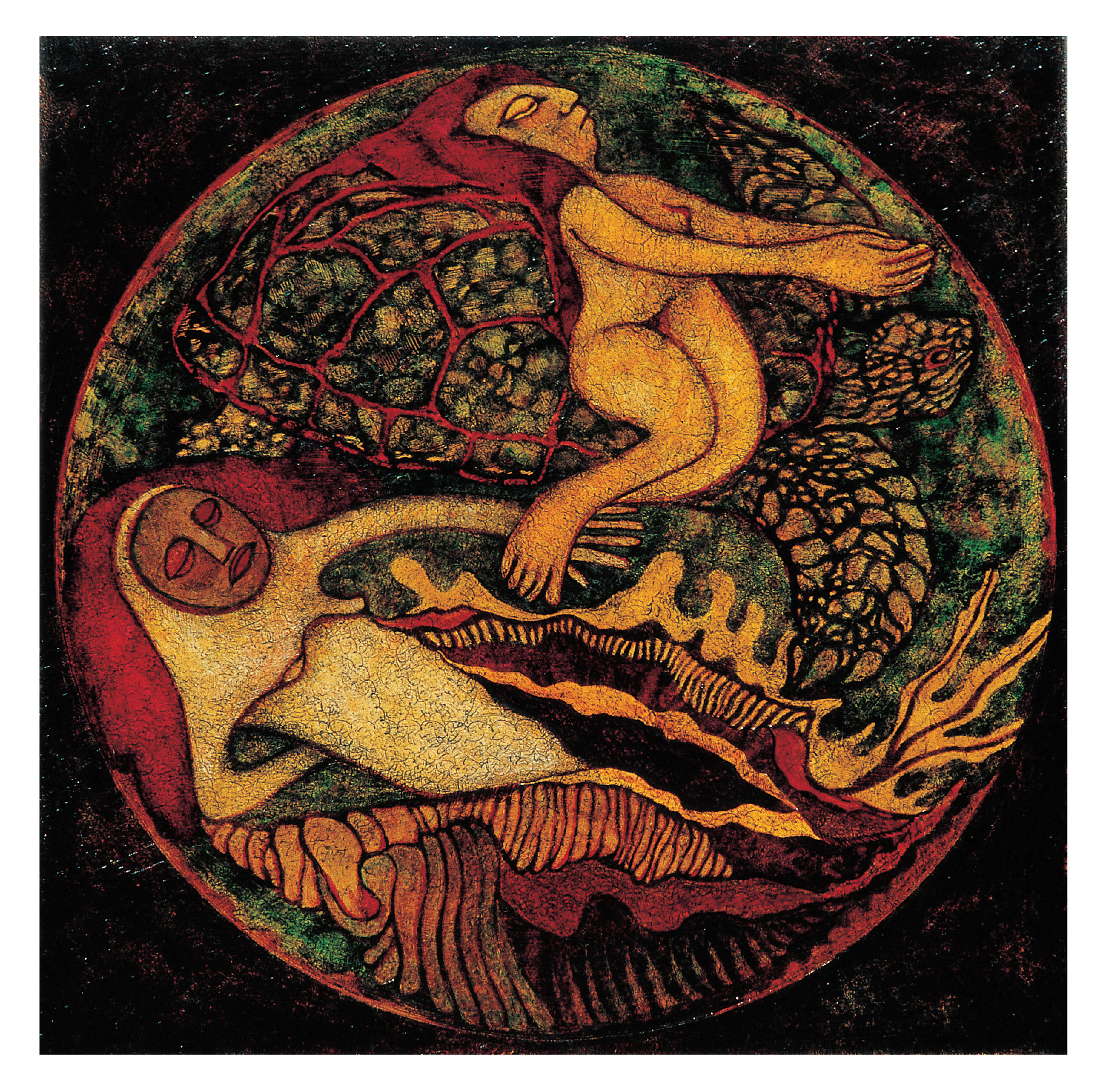 A painting of two figures representing birth and death in dark colors.