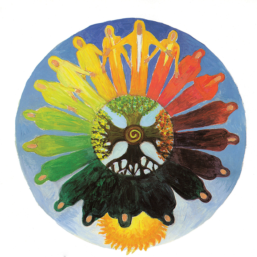 A mandala of human figures dressed in colors representing the seasons with a tree of life in the center.