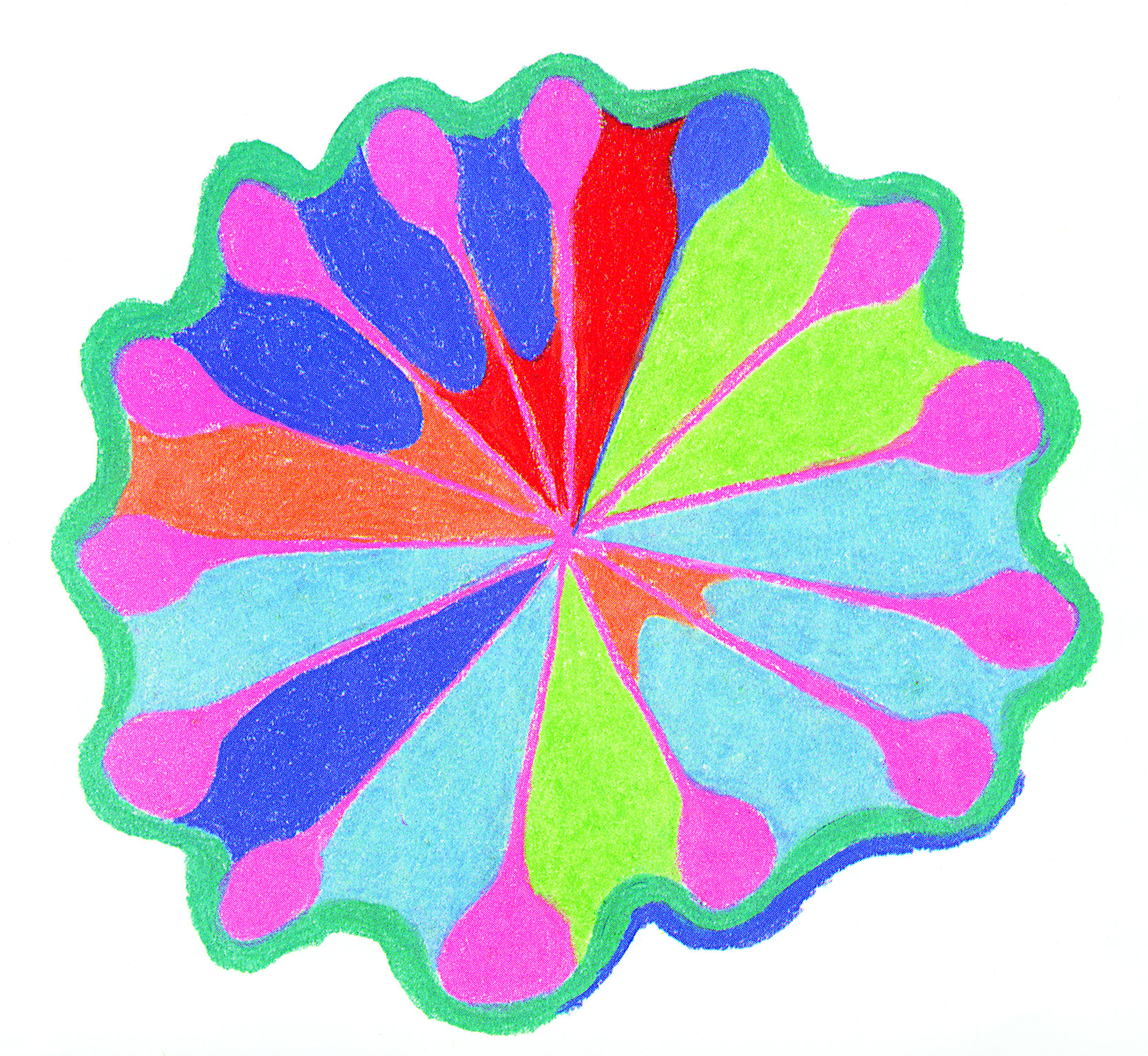 A asymmetrical mandala in bright, psychedelic colors
