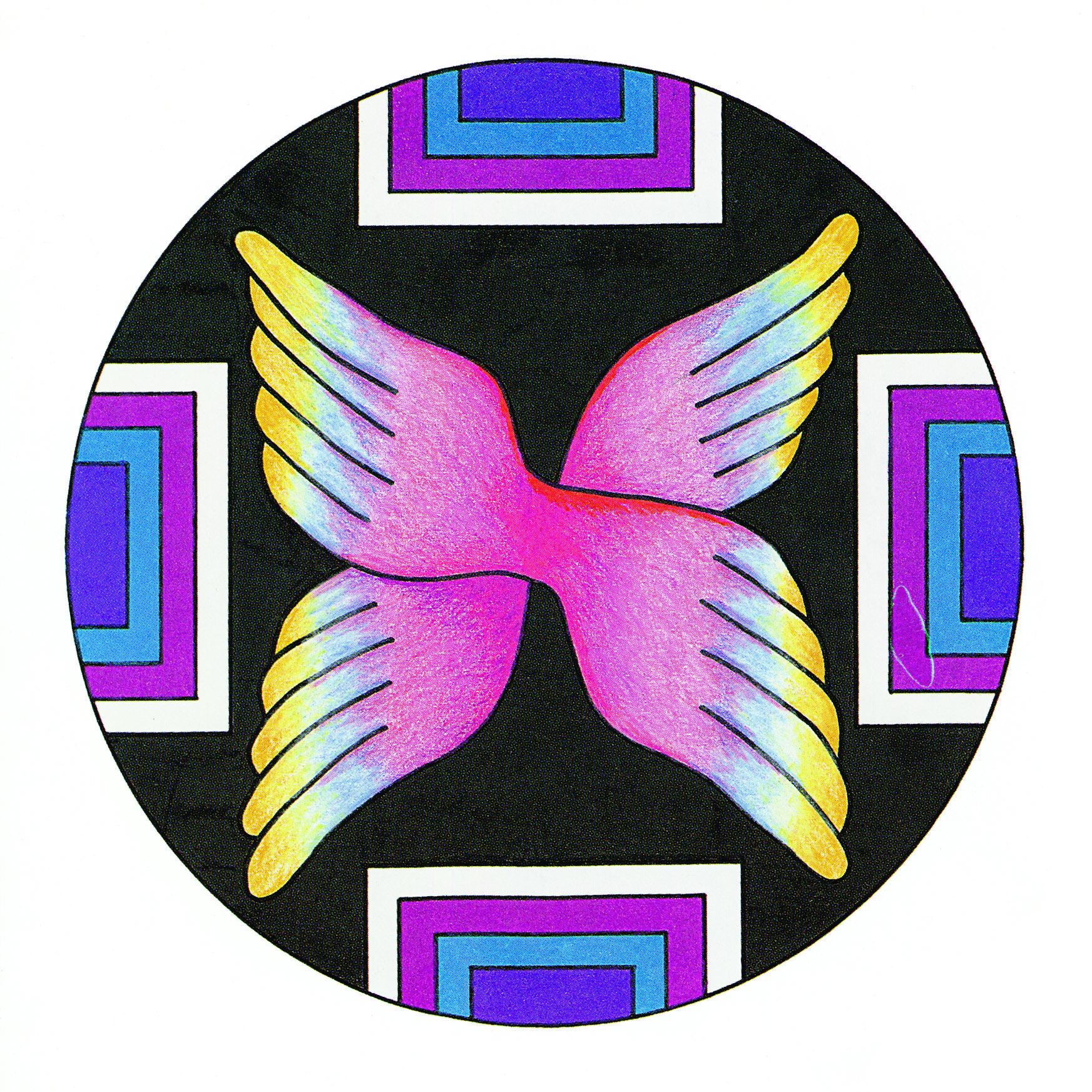 A mandala with a pink, wing-like shape in the center, richly colored squares at the edges, and a black background.