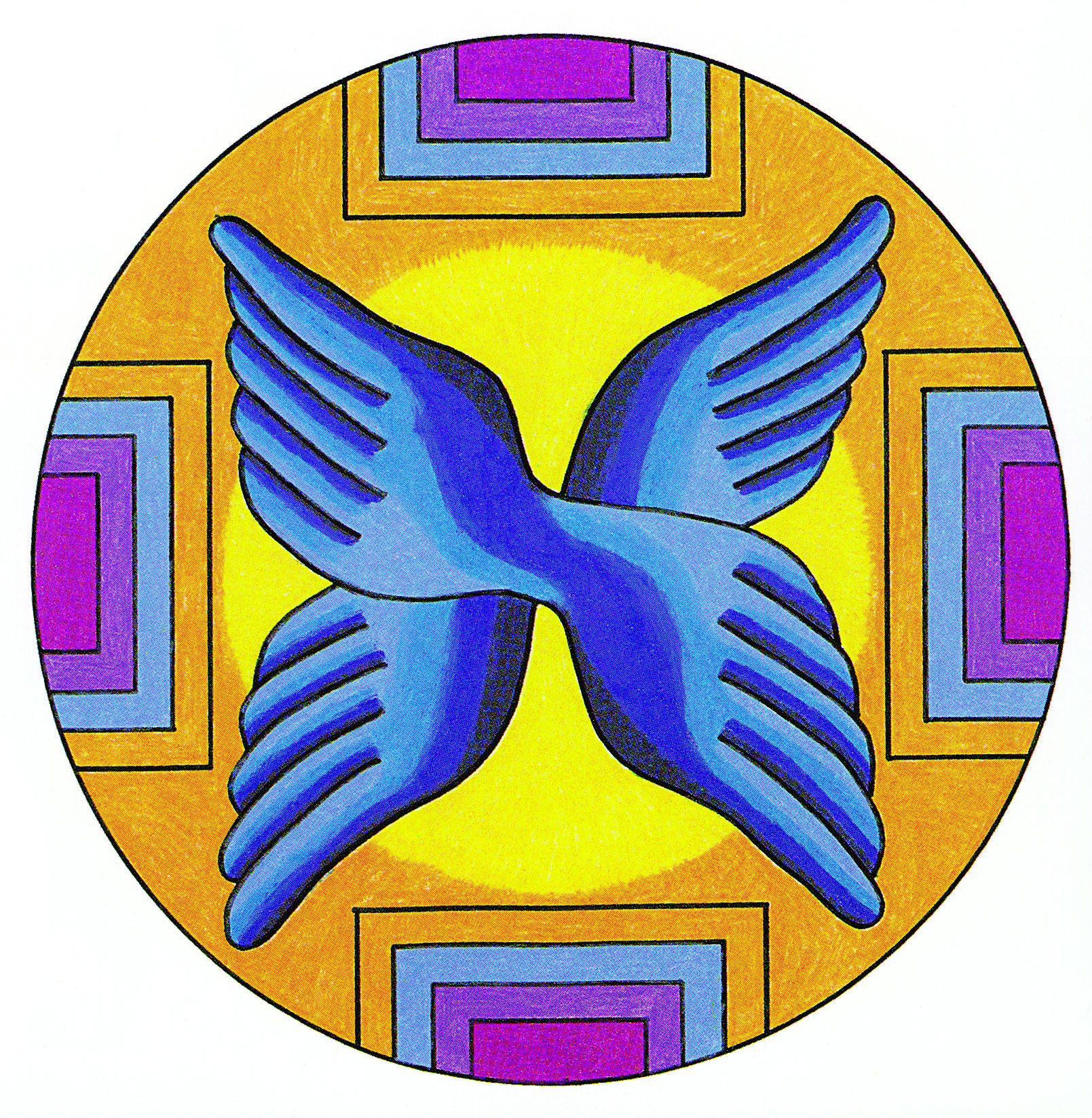 A golden mandala with abstract blue wings in the center.