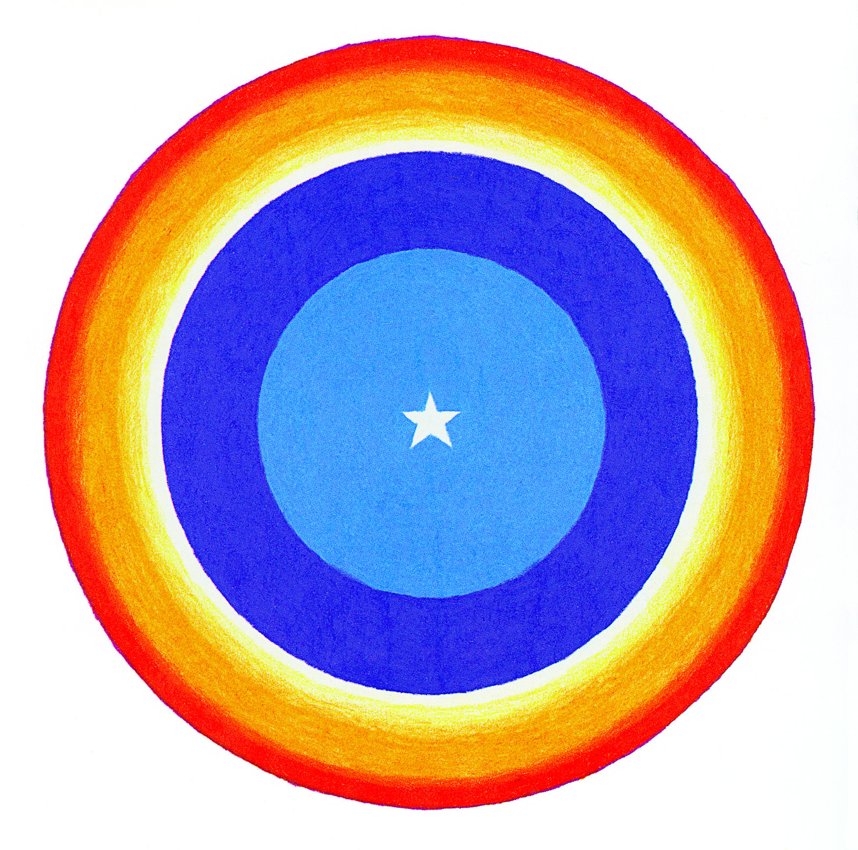 A mandala of bright red, yellow, and blue with a small white star in the center.