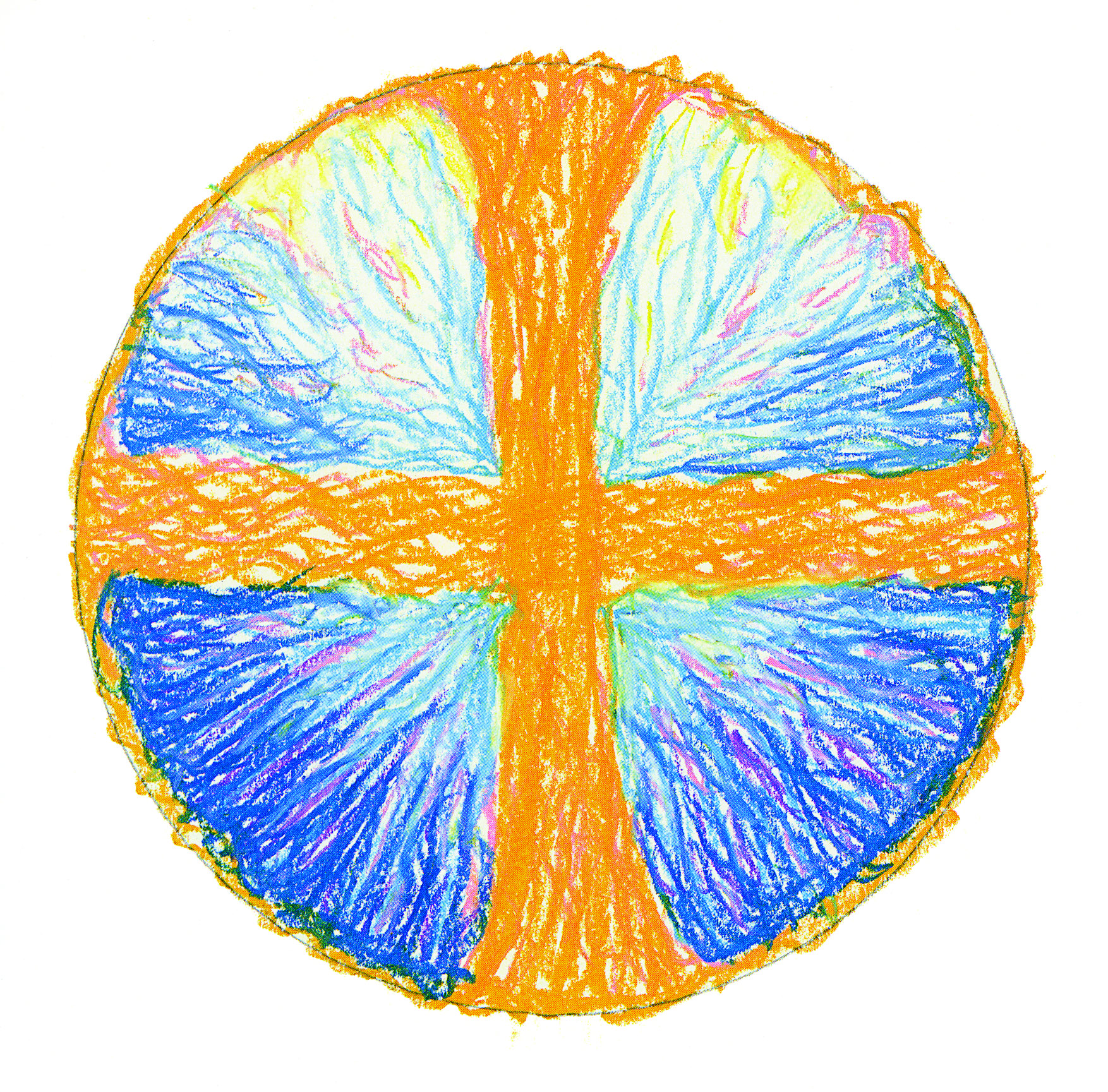 A golden cross mandala with four quadrants of blue.