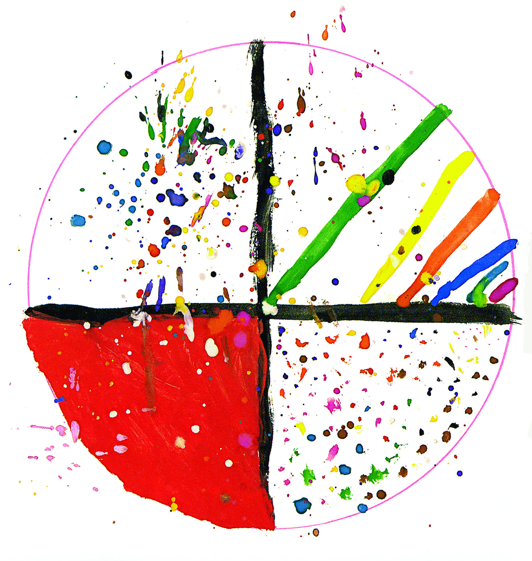 An abstract mandala with four quadrants of speckles and lines in primary colors.