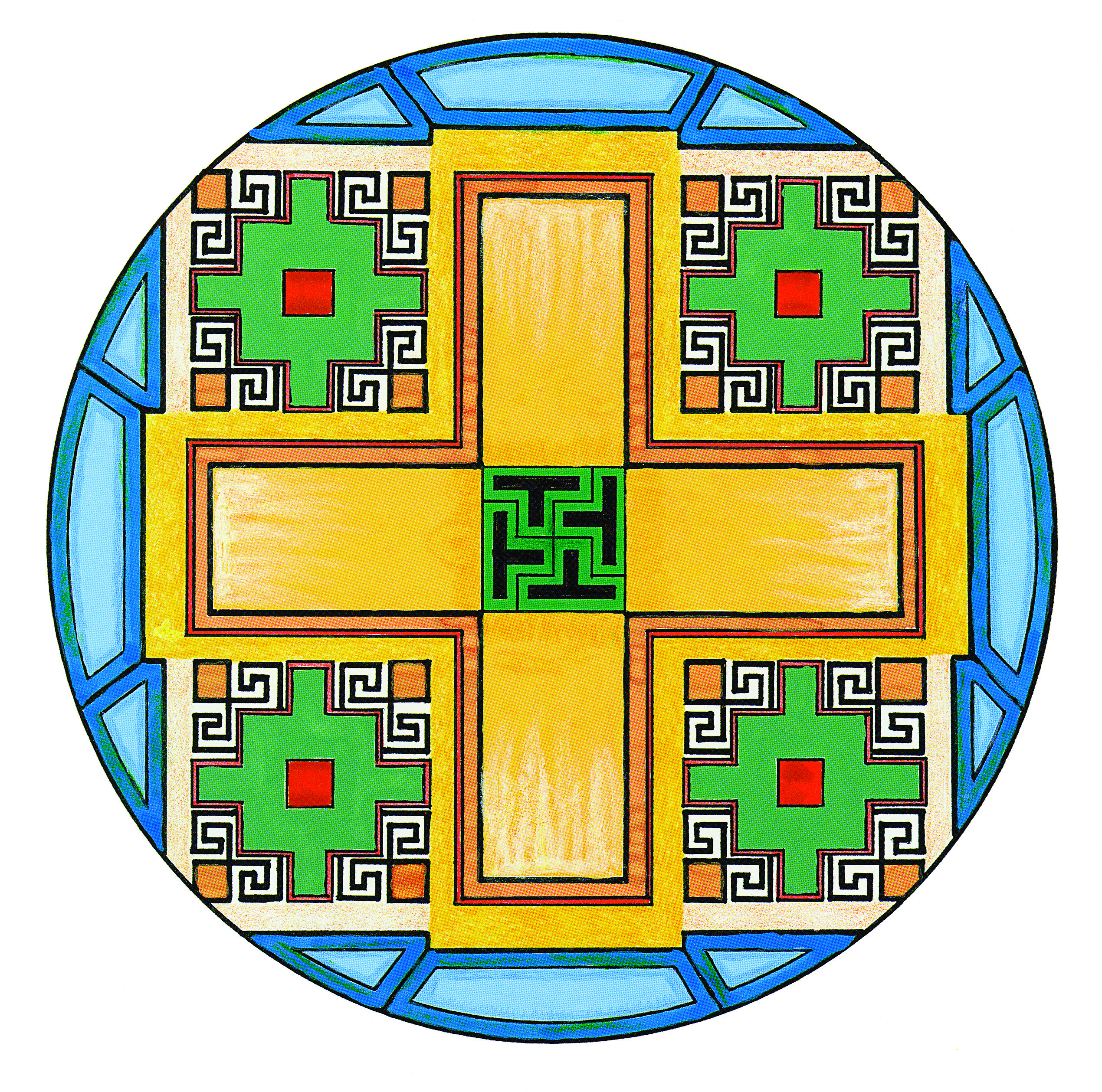 A golden cross mandala, with detailed designs in green, red, and blue.