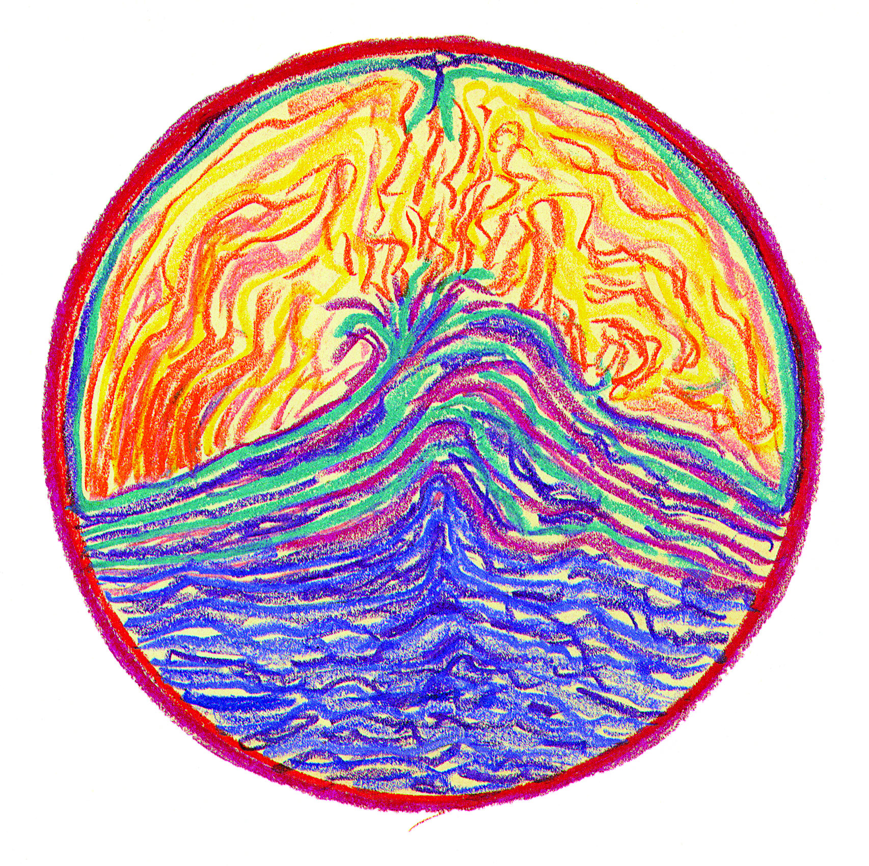 A mandala with a volcanic shape and flame-like colors.