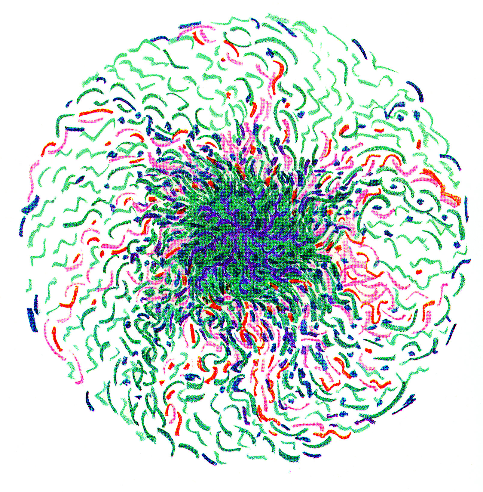 A swirling mandala of green, red, and purple squiggles.